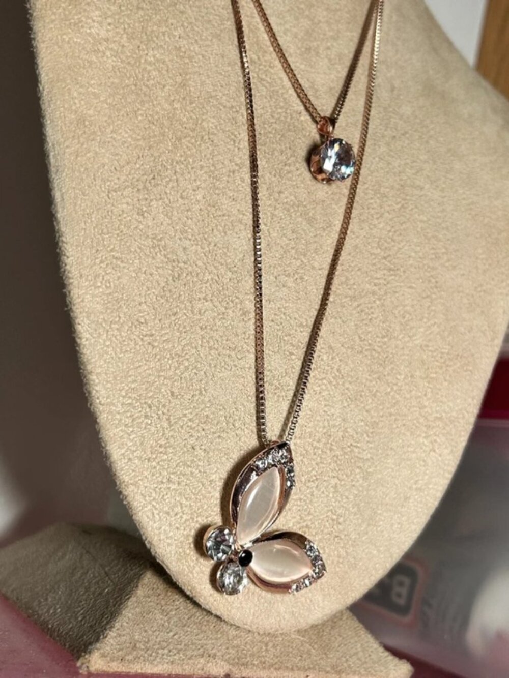 Rose Gold Layered Butterfly & Rhinestone Solitaire Pendant Necklace